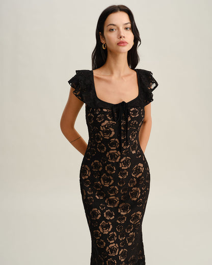 Black Textured Ruffle Mermaid Midi Dress