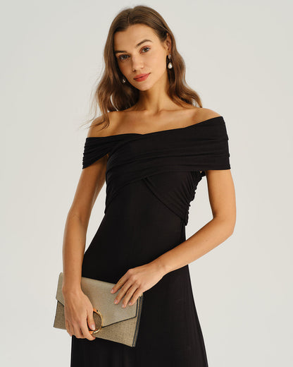 Black One Shoulder A-Line Midi Dress
