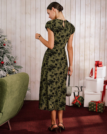 Green Floral A-Line Cap Sleeve Midi Dress
