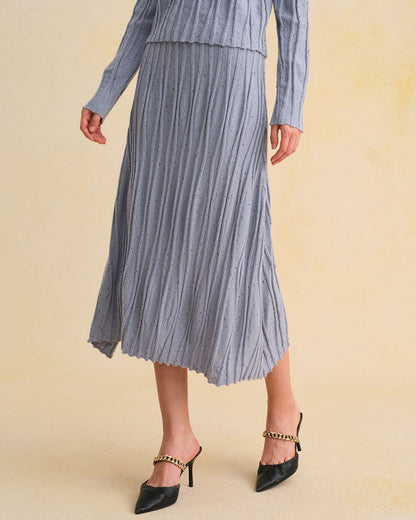 Blue Elastic Waist A-Line Midi Skirt