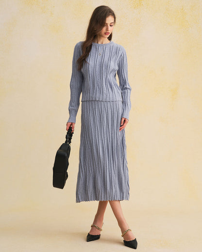 Blue Elastic Waist A-Line Midi Skirt