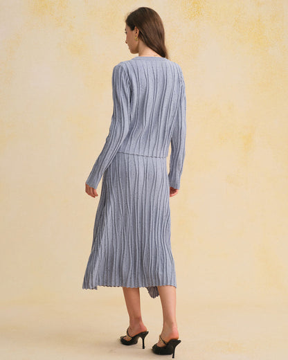 Blue Elastic Waist A-Line Midi Skirt