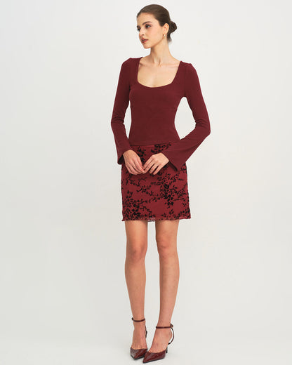 Wine Red Elastic Waist Floral Mini Skirt