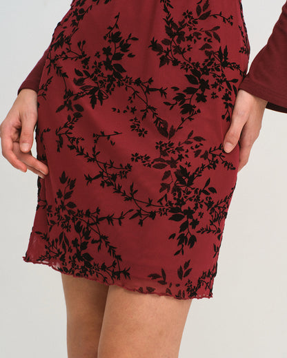 Wine Red Elastic Waist Floral Mini Skirt