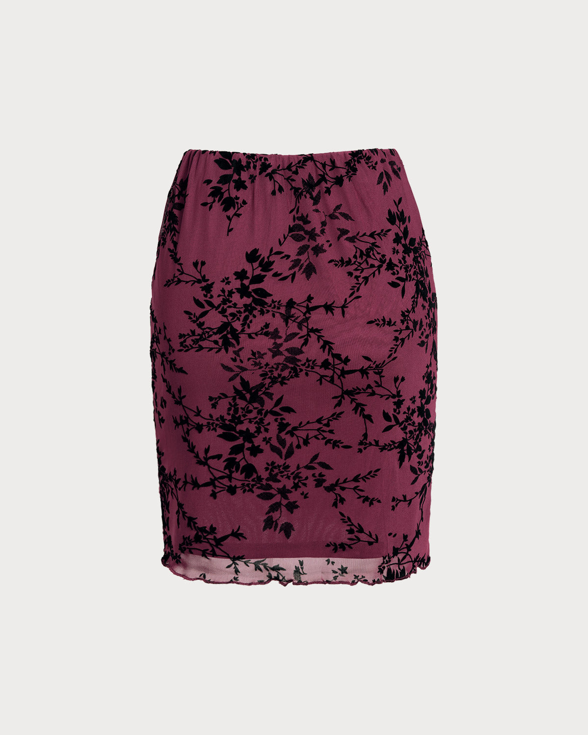 Wine Red Elastic Waist Floral Mini Skirt