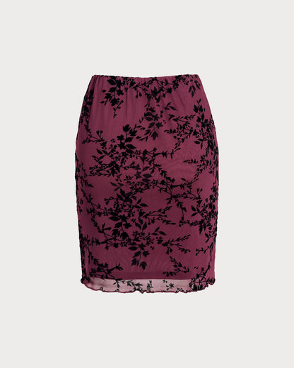 Wine Red Elastic Waist Floral Mini Skirt