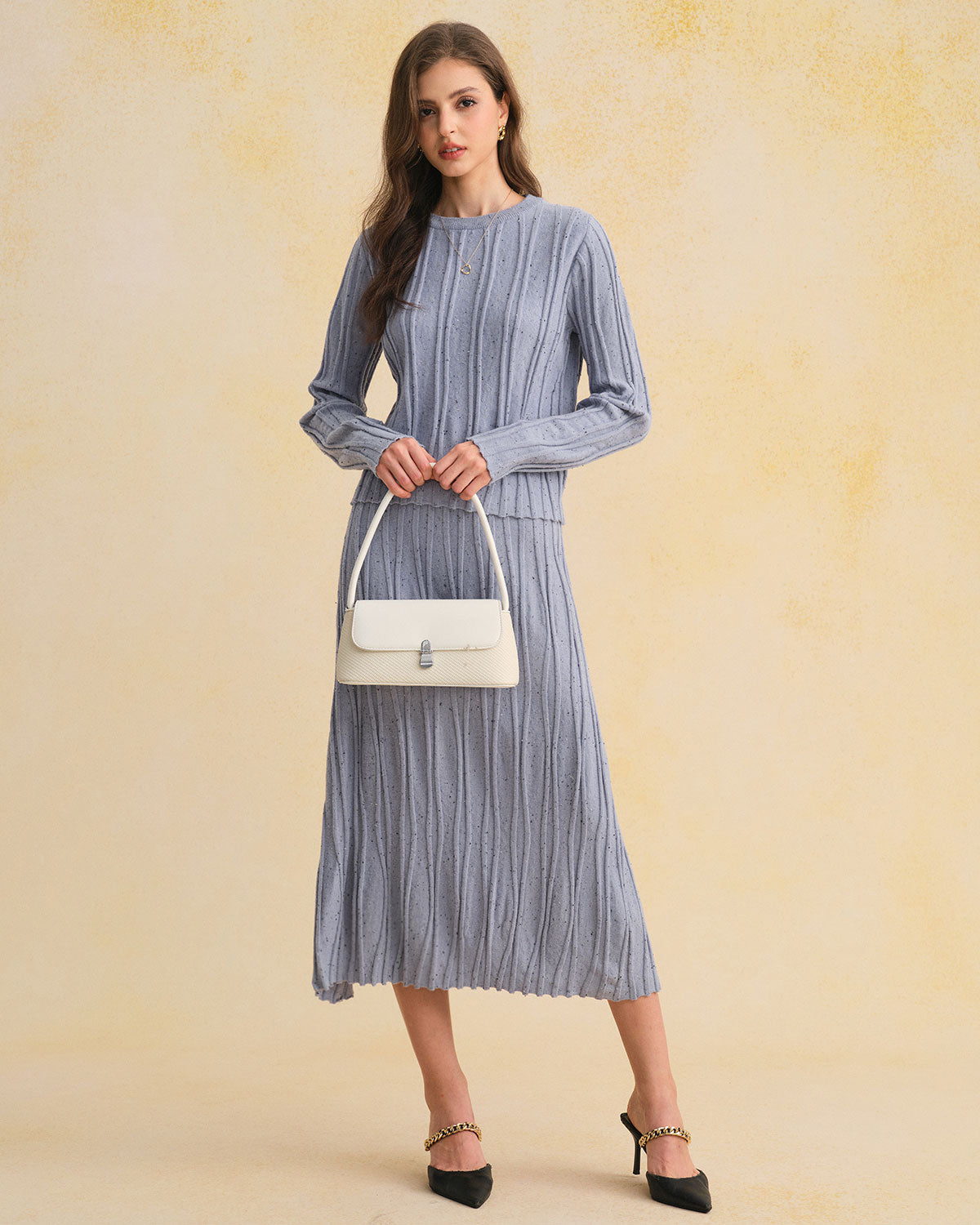 Blue Elastic Waist A-Line Midi Skirt