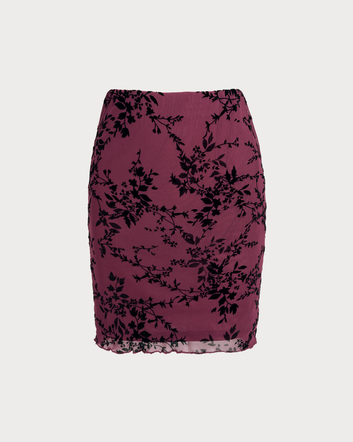 Wine Red Elastic Waist Floral Mini Skirt