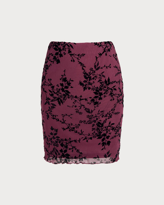 Wine Red Elastic Waist Floral Mini Skirt