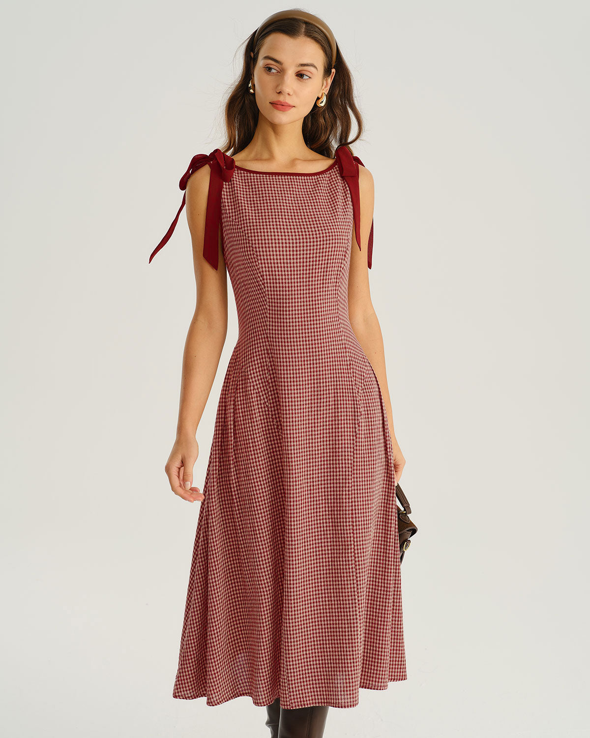 Red Gingham Tie Strap A-Line Midi Dress