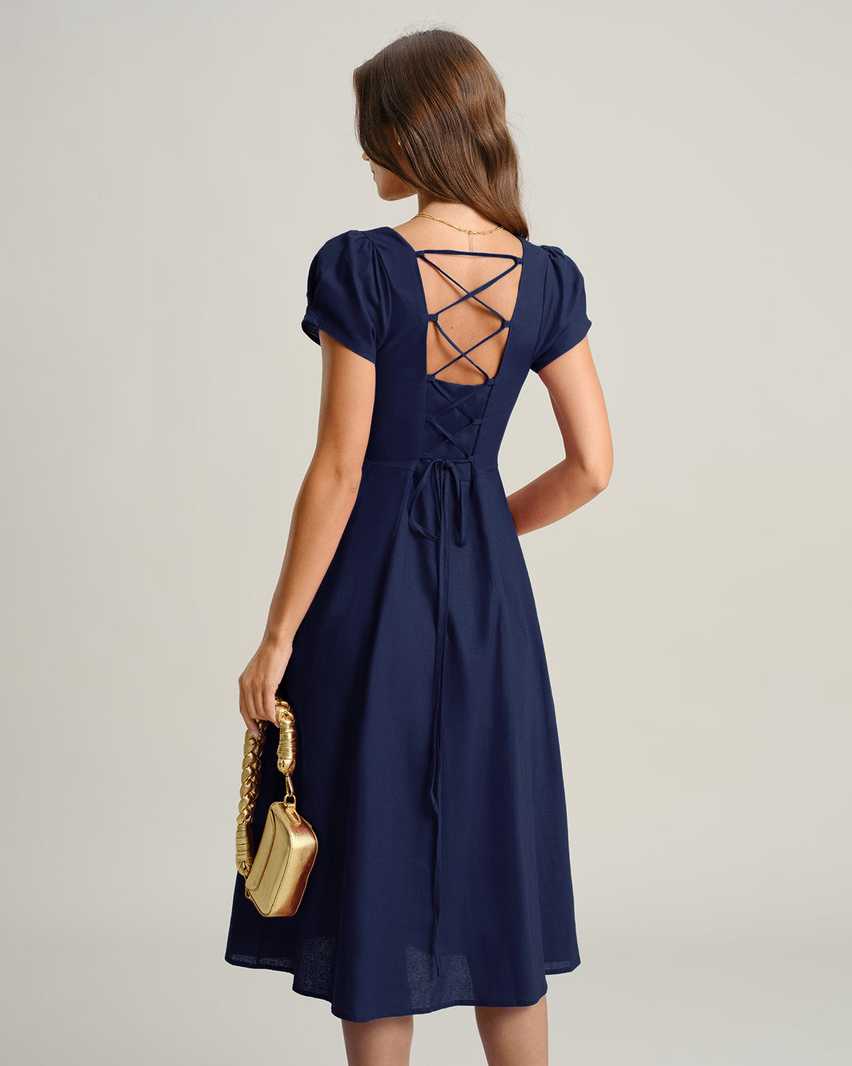 Navy Square Neck Short Sleeves A-Line Midi Dress