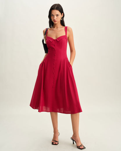 Red Sweetheart Neck Slip Midi Dress