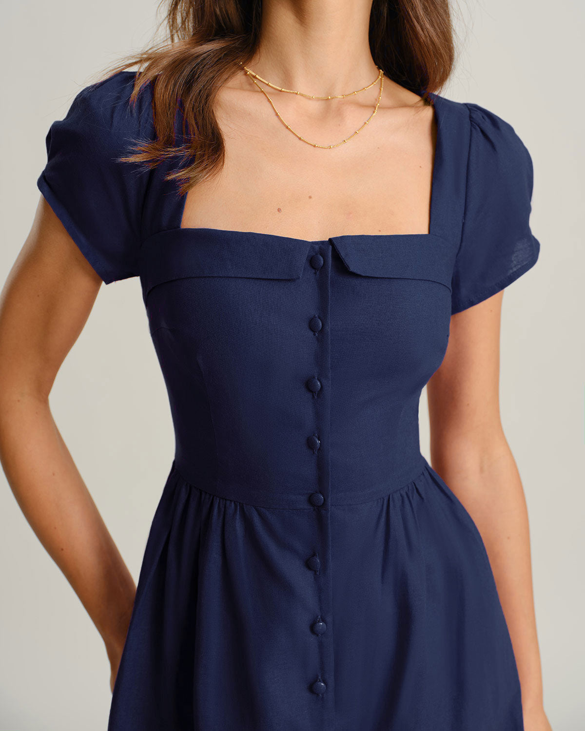 Navy Square Neck Short Sleeves A-Line Midi Dress