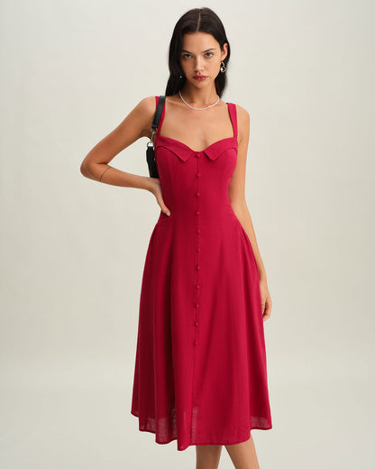 Red Sweetheart Neck Slip Midi Dress