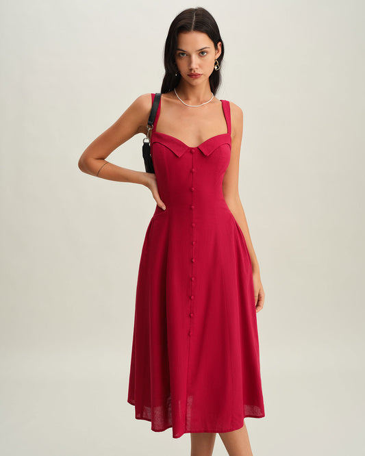 Red Sweetheart Neck Slip Midi Dress