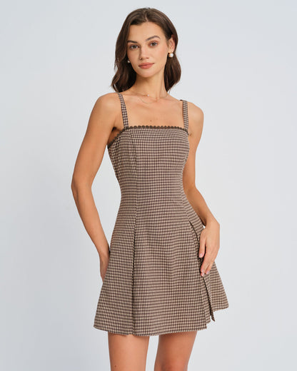 Brown Plaid Ruched Slip Mini Dress