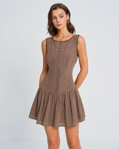 Brown Lace Plaid Mini Dress
