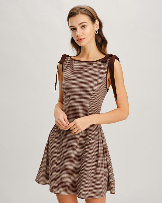 Brown Gingham Tie Strap Mini Dress