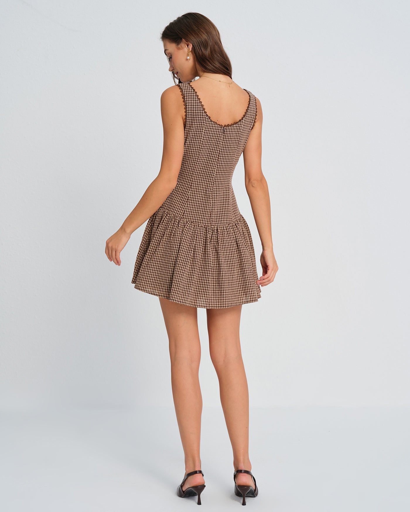 Brown Lace Plaid Mini Dress