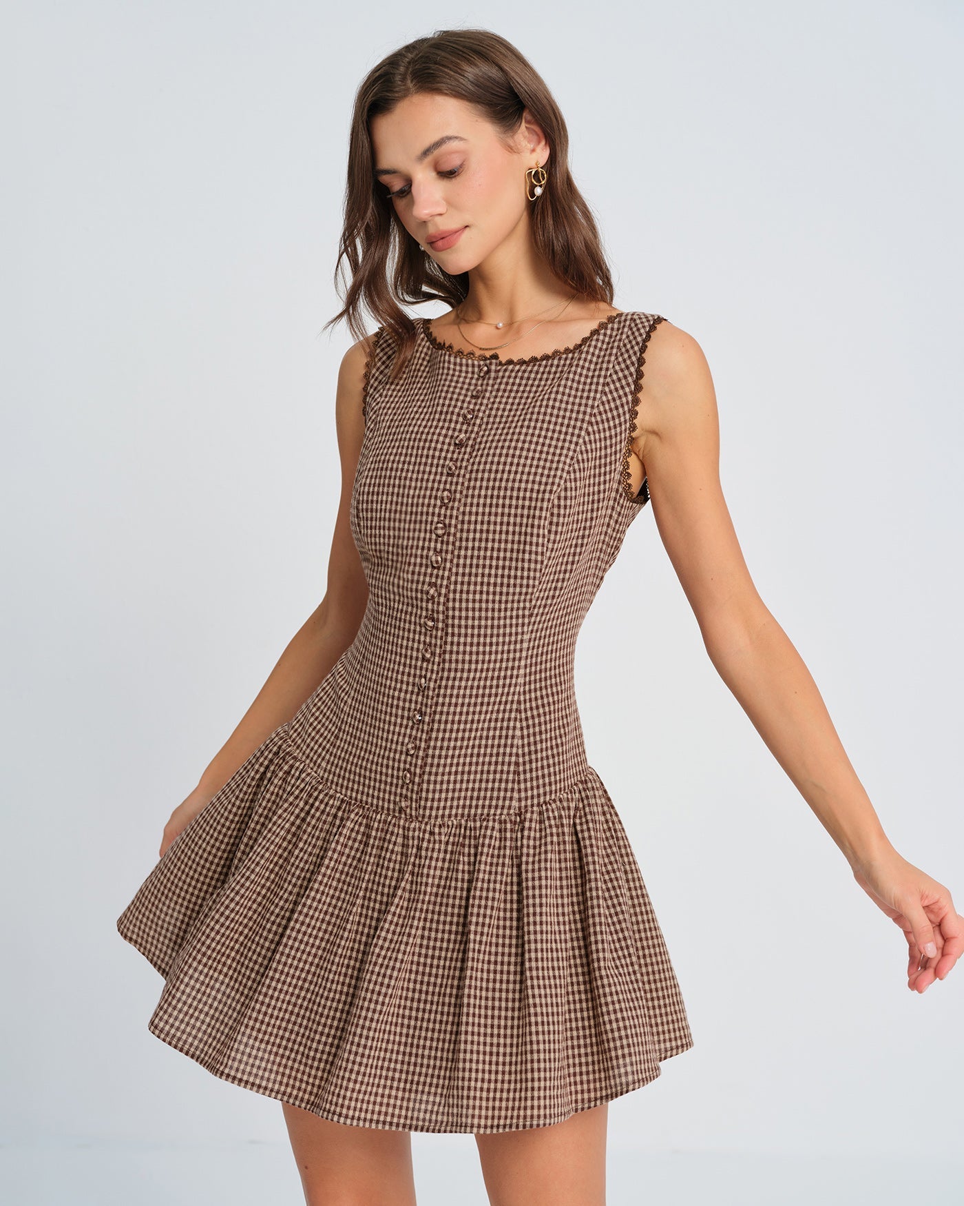 Brown Lace Plaid Mini Dress