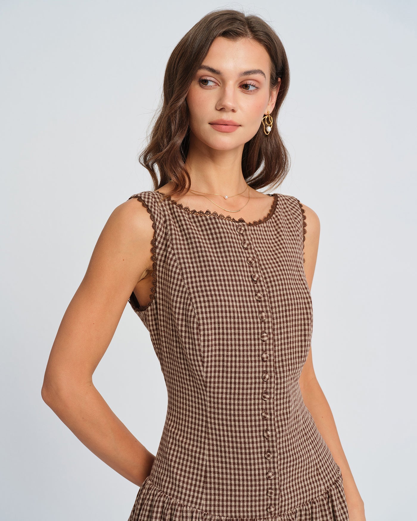 Brown Lace Plaid Mini Dress