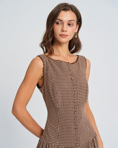 Brown Lace Plaid Mini Dress