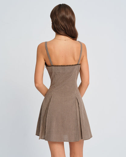 Brown Plaid Ruched Slip Mini Dress