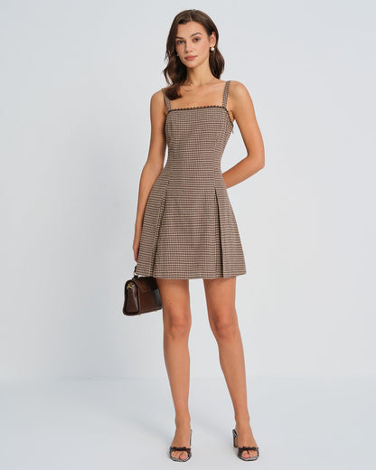 Brown Plaid Ruched Slip Mini Dress