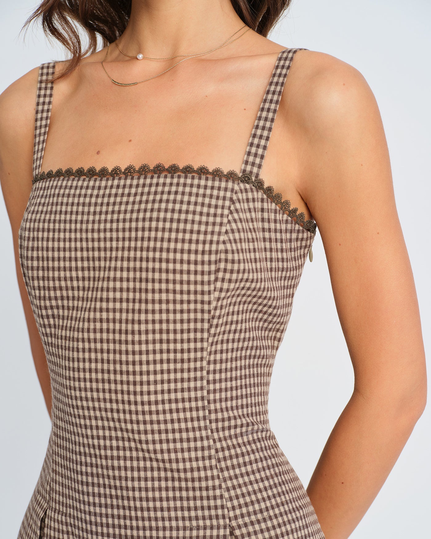Brown Plaid Ruched Slip Mini Dress