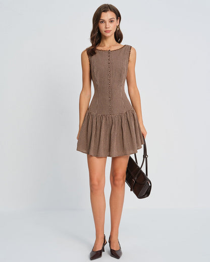 Brown Lace Plaid Mini Dress