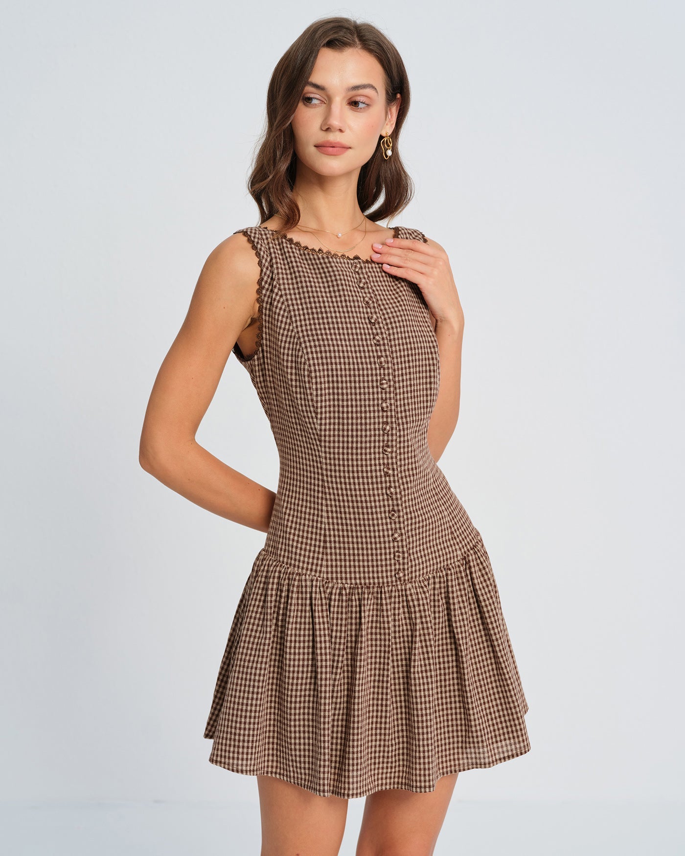 Brown Lace Plaid Mini Dress