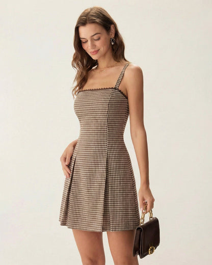 Brown Plaid Ruched Slip Mini Dress