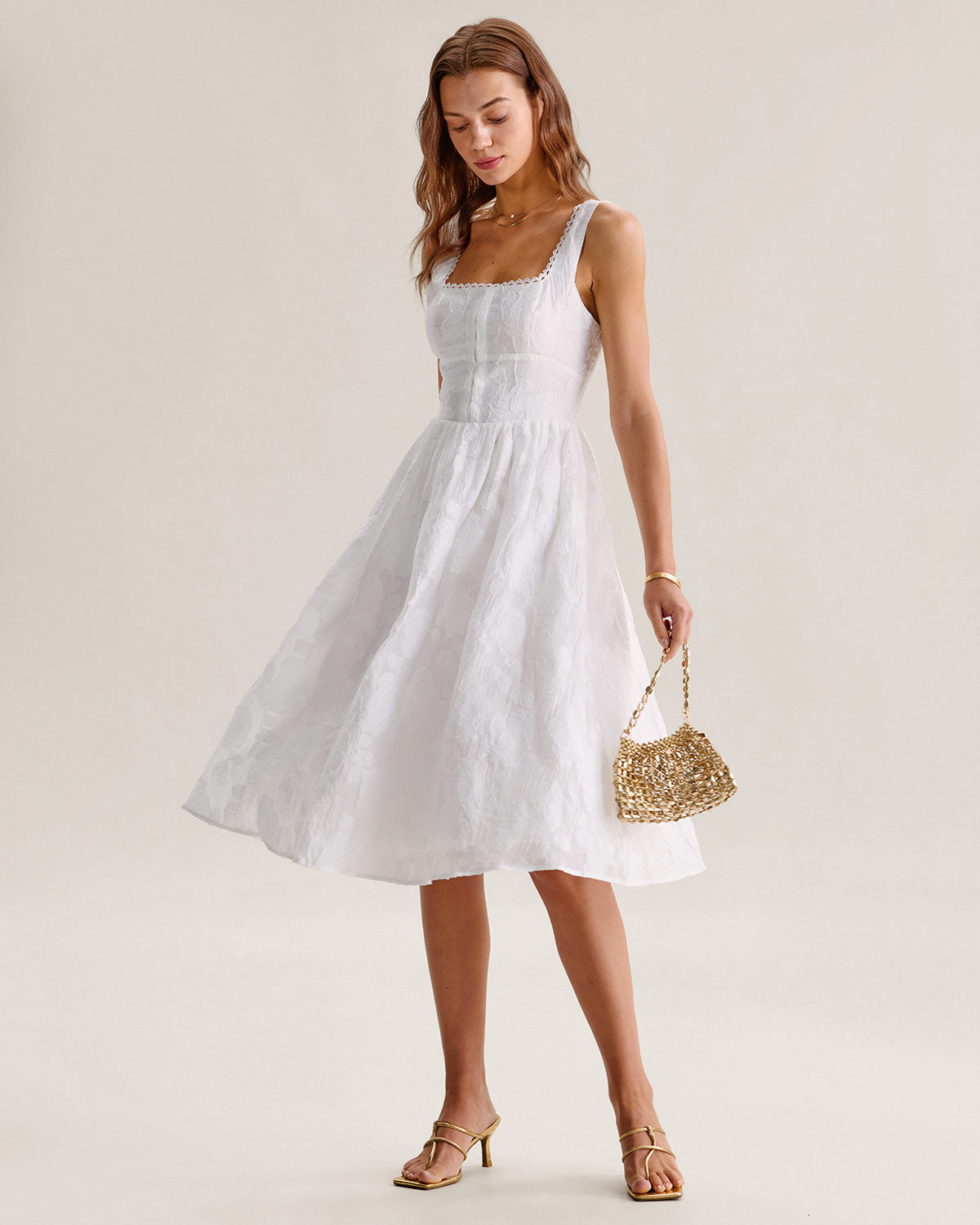 White Jacquard Shirred Slip Midi Dress