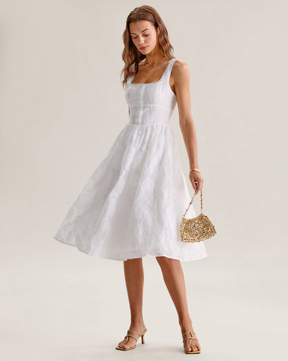 White Jacquard Shirred Slip Midi Dress