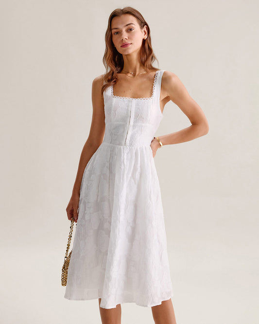 White Jacquard Shirred Slip Midi Dress