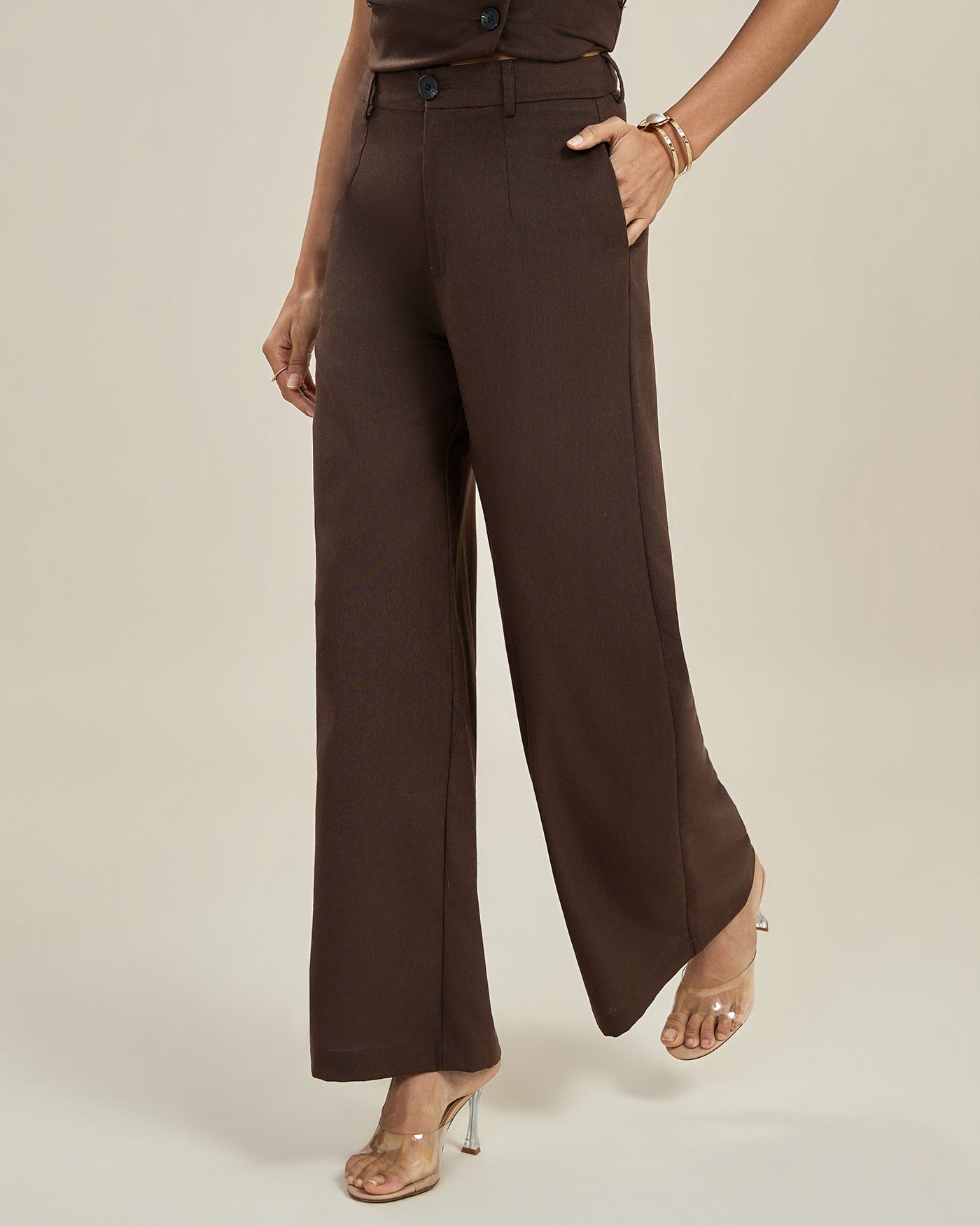 Coffee Button Pocket Casual Pants