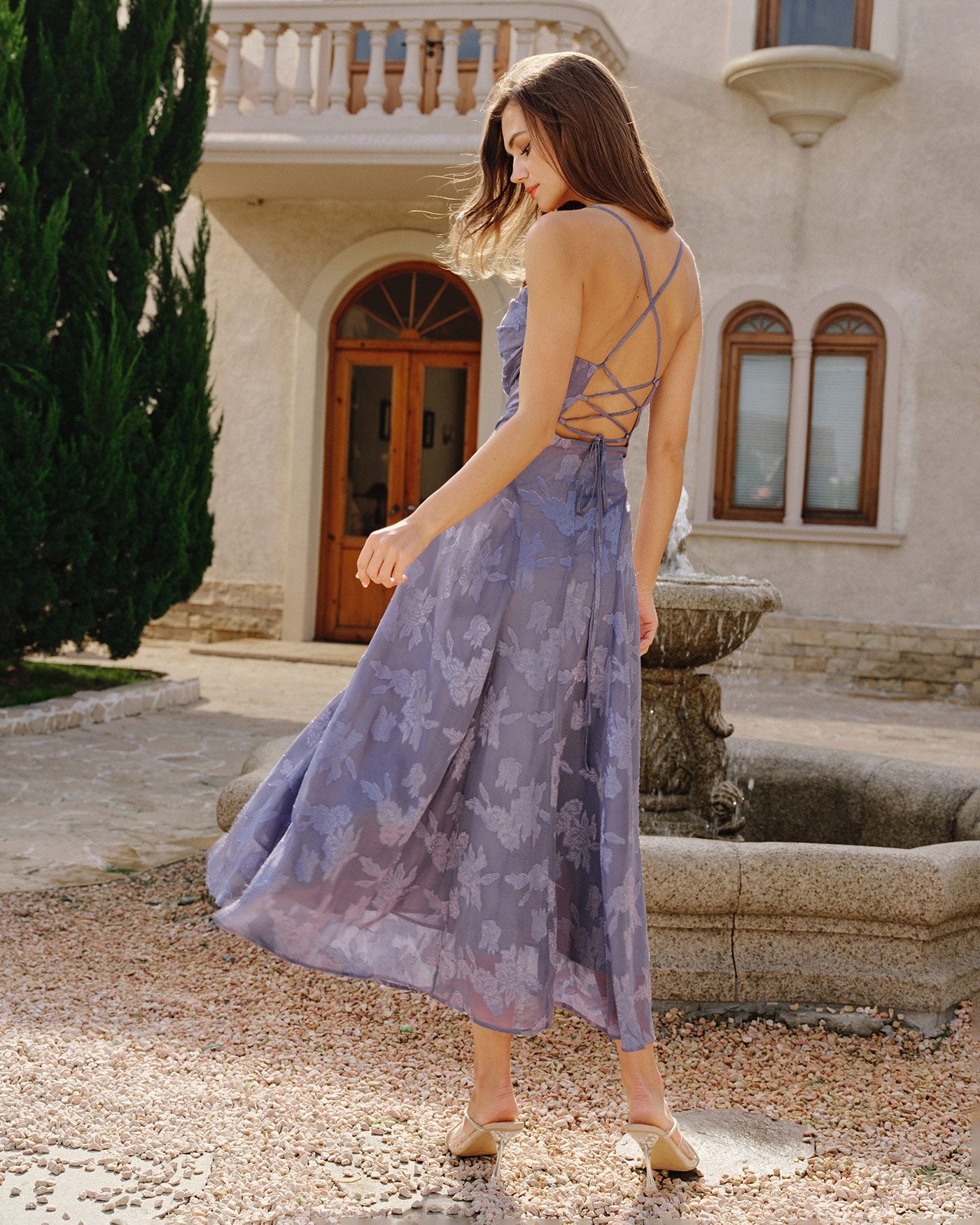 Blue Jacquard Slip Maxi Dress