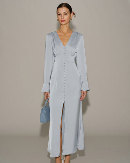 Grey Satin Bell Sleeve Maxi Dress