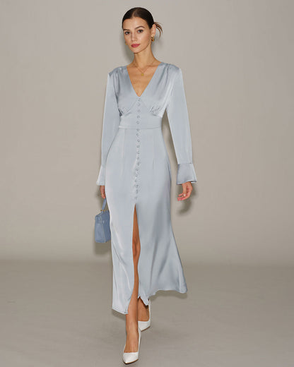 Grey Satin Bell Sleeve Maxi Dress