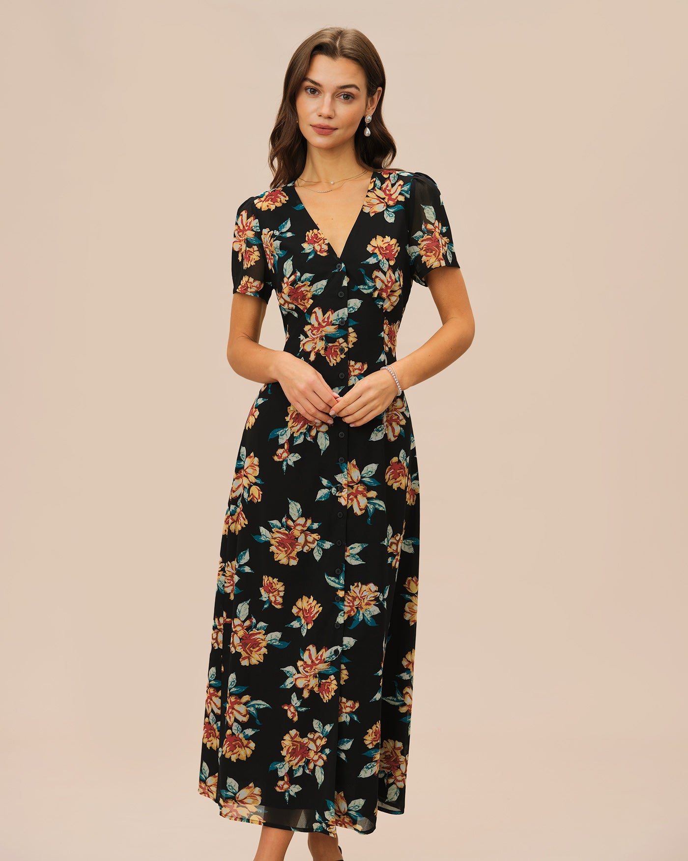 Black V Neck Floral Button Maxi Dress