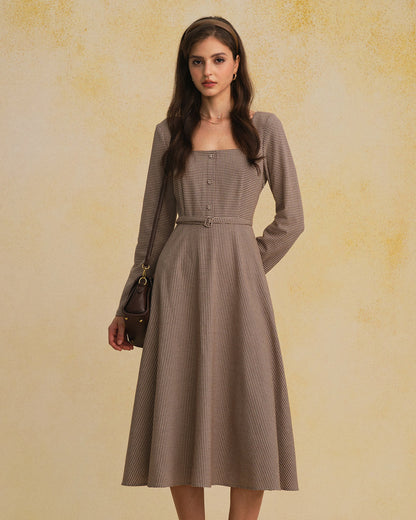 Brown Gingham Square Neck Belted Maxi Dress