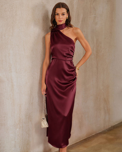 Wine Red Satin One Shoulder Maxi Dress