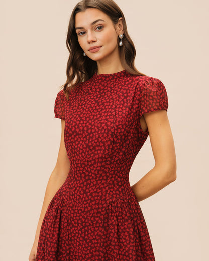 Red Cap Sleeve Floral Maxi Dress