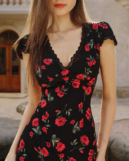 Black Floral V Neck Maxi Dress