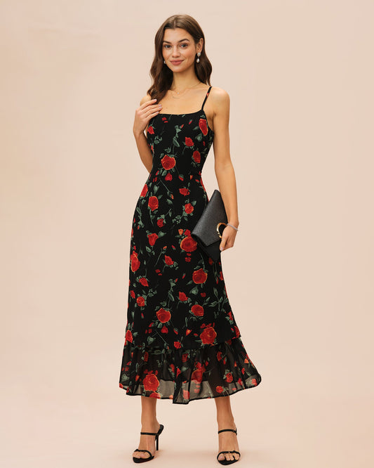 Black Floral Slip Chiffon Maxi Dress