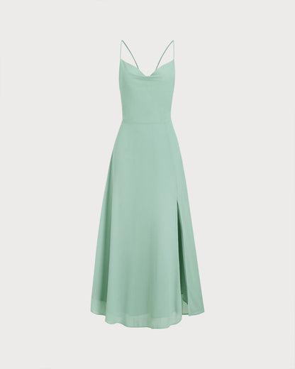 Green A-Line Backless Slip Maxi Dress