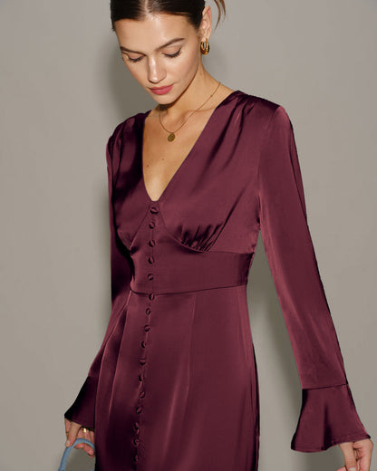 Wine Red V Neck Satin Maxi Dress