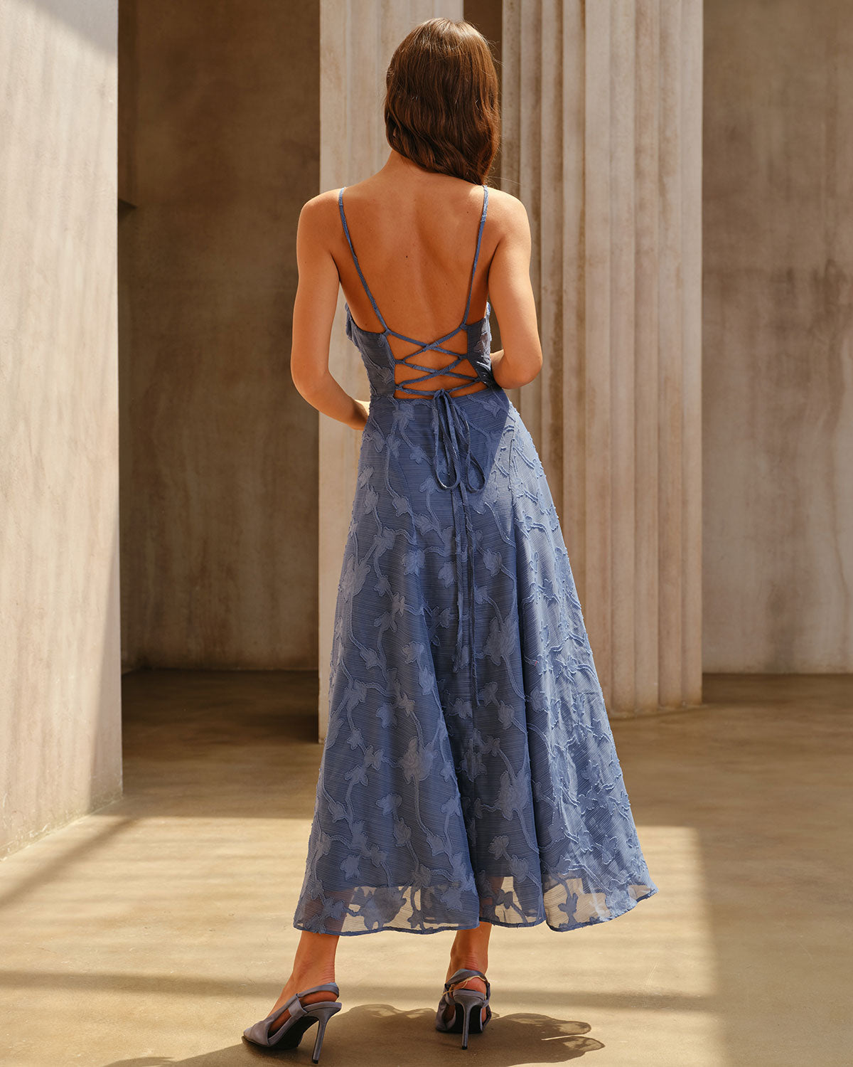 Blue Jacquard Ruched Slip Maxi Dress