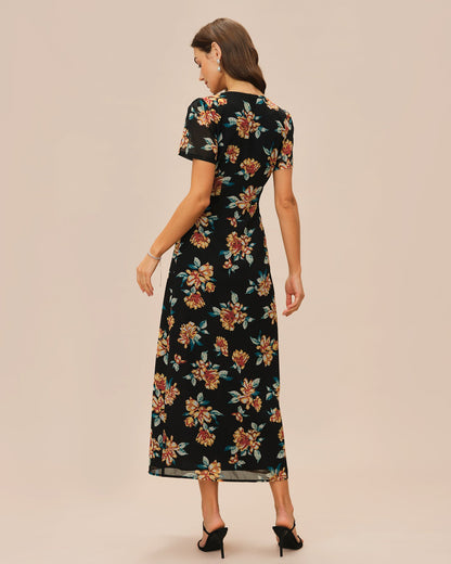 Black V Neck Floral Button Maxi Dress