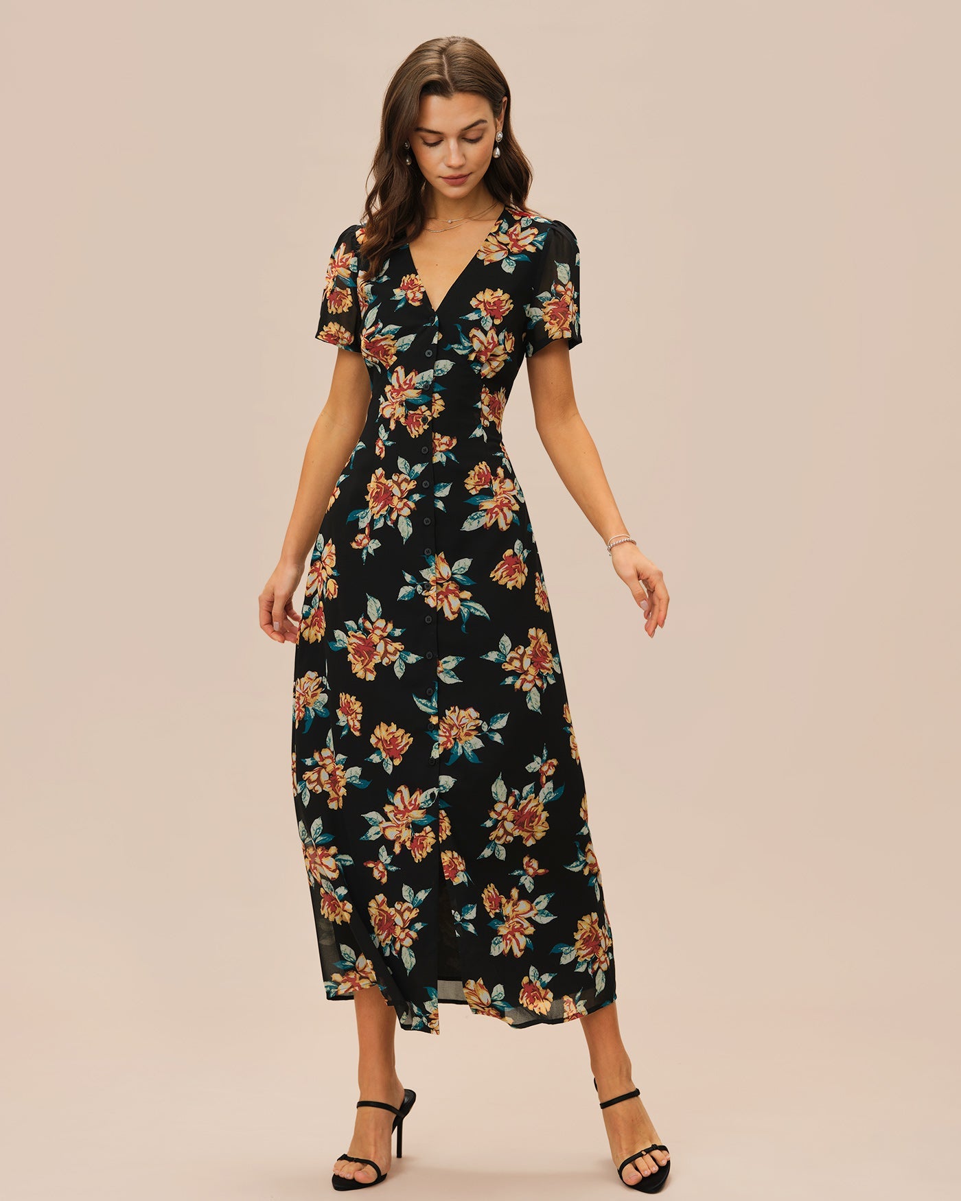 Black V Neck Floral Button Maxi Dress